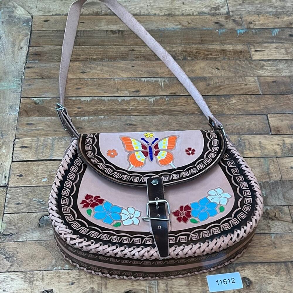 Mexican Hand-Tooled Leather Crossbody Bag Butterfly & Floral Design - Picture 14 of 14